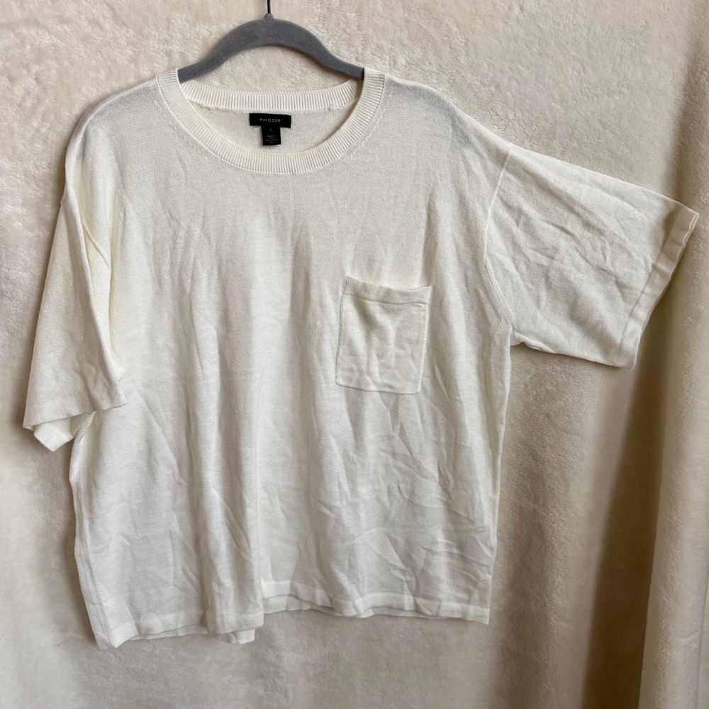 Halogen Womens Ivory Boxy Cropped Chest Pocket Short Sleeve Sweater Size Large